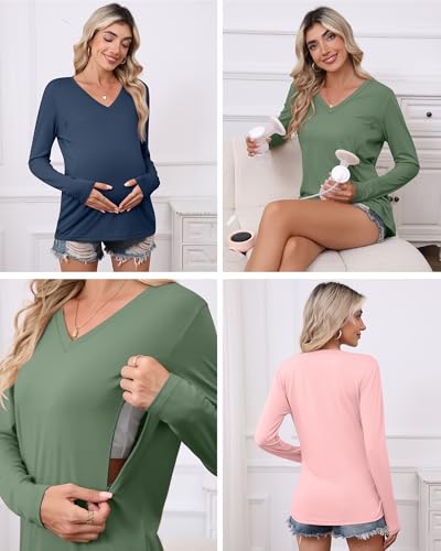 Huukeay 3 Pack Maternity Nursing Tops Breastfeeding Shirts - color: Apple Green, Light Pink , Haze Blue, size: X-Large