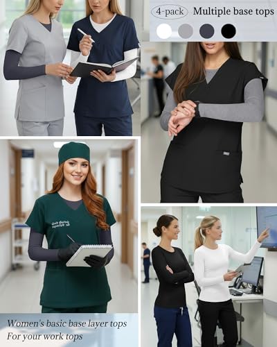 4 Pack Womens Crew Neck Long Sleeve Underscrub Shirts - color: Black, Dark Gray, Light Gray, White, size: Small