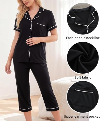 ENJOYNIGHT Womens Pajama Set Capri Short Sleeve Button Down Pj with Pocket - color: Black, size: X-Large
