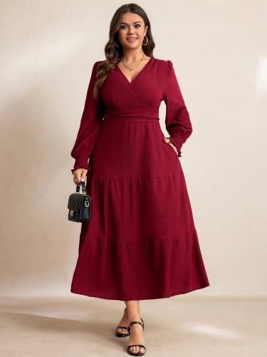 RWJ Women's Plus Size Fall Wedding Guest Dress Long Sleeve Maxi with Pocket - color: Burgundy, size: Large Plus