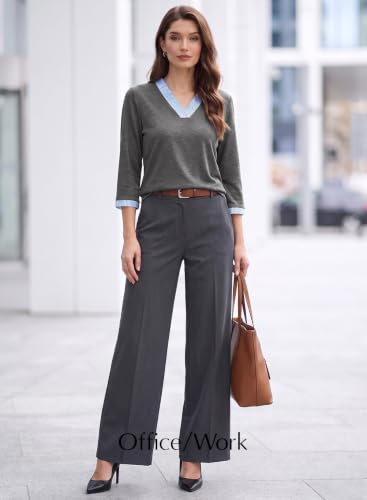 EVALESS Womens Tops Striped Colorblock V Neck 3/4 Sleeve Blouses Tunics - color: Grey, size: Medium
