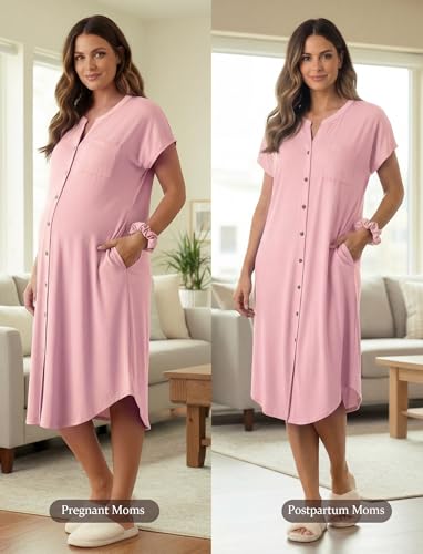 PATPAT Maternity Nursing Dress, Womens Button-Down Midi Dress with Pockets - color: Light Pink, size: Small
