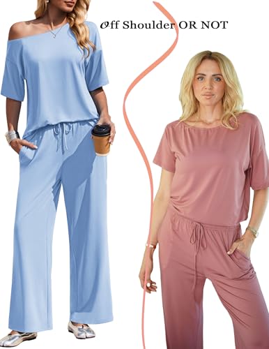 Ekouaer Women's Lounge Set Off Shoulder Short Sleeve Top & Long Pants Set - color: Blue Clear, size: Small
