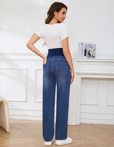 POSHGLAM Women's Maternity Jeans Straight Leg Over Belly Comfy Stretch Casual Denim Pants - color: A02 Dark Blue, size: Medium