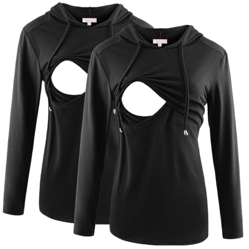 Bhome Nursing Shirt Long Sleeves Hoodie Breastfeeding Top Sweatshirt - color: Black/Black, size: Large