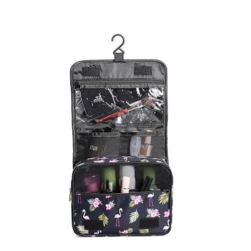 Sechunk Waterproof Travel Toiletry Bags Hanging Multi-function Cosmetic Bag Makeup Bag for Women - color: black_Flamingo