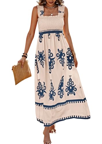 PRETTYGARDEN Women's Sleveless Boho Maxi Dress - color: Floral Apricot Navy, size: X-Large