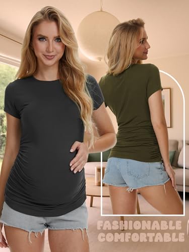 3 Pack Womens Maternity Shirts, Crew Neck Maternity Top Short Sleeve - color: Black/Army Green/Dark Grey, size: X-Large