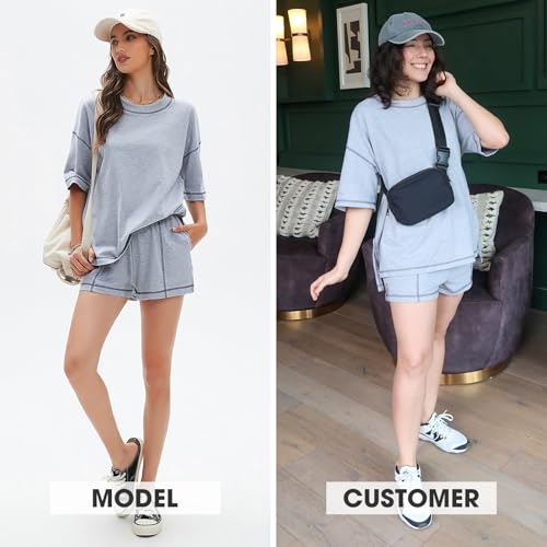 EXLURA Womens Short Sets 2 Piece Outfits Summer 100% Cotton Matching Set - color: Grey, size: Small