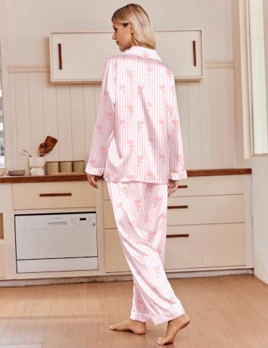 Ekouaer Silk Satin Pajamas for Womens Button Up Long Sleeve Pjs Lounge Set - color: Pink Wine Glass, size: Medium