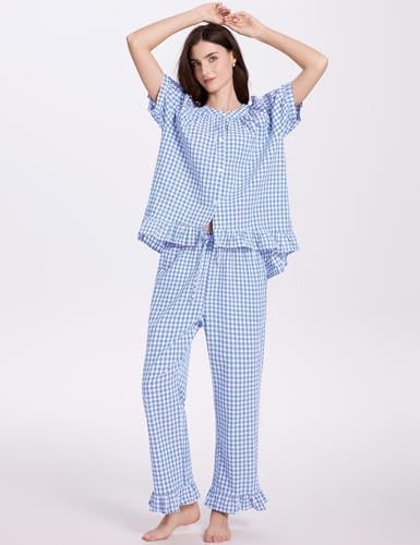 COZYPOIN 100% Cotton Pajamas for Women Set Cute Gingham Lounge Set - color: Blue, size: X-Small