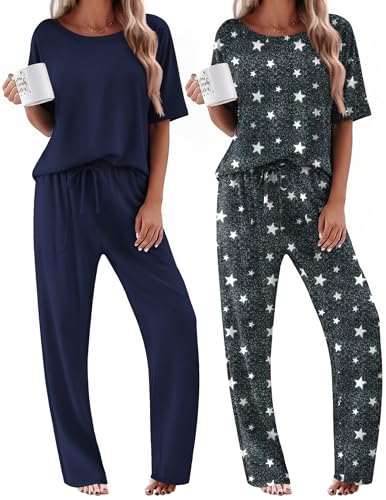 Ekouaer 2 Pack Womens Pajamas Sets Short Sleeve Long Pants Pjs Lounge Set - color: Dark Grey Stars/Navy, size: Large