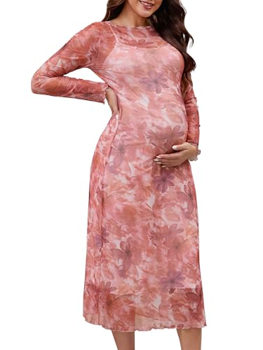 Women's Maternity Mesh Dress 2-Piece Maxi Bodycon Dress - color: Red Floral, size: Large