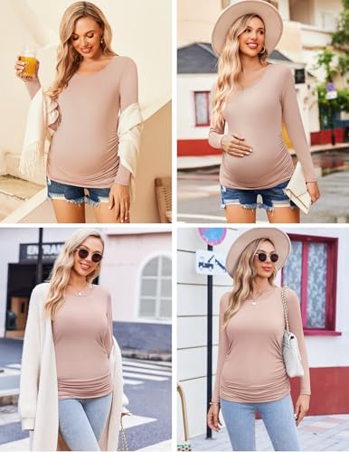 Ekouaer 3/4 Pack Womens Maternity Shirts Long Sleeve Pregnancy Tops - color: 3pcs Black / Army Green / Dirty Pink, size: XX-Large