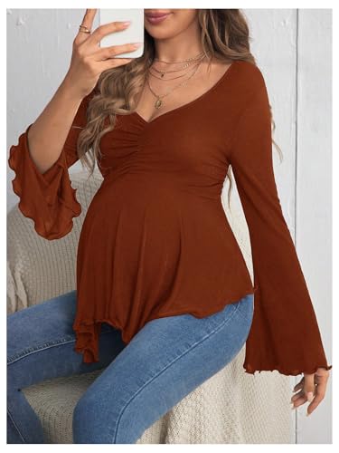BEAUDRM Women's Maternity Shirts Bell Long Sleeve Pregnancy Tops Ruched V Neck Asymmetrical T-Shirt - color: Rust Brown, size: Medium