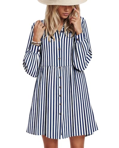 AUSELILY Women's Babydoll Dress Casual Long Sleeve Fall Tunic Dresses - color: Navy Blue Stripes, size: Medium
