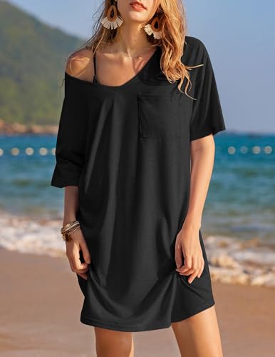 Ekouaer Cotton Nightgowns for Women Oversized Sleep Shirt Tshirt Night Gown - color: Black, size: Medium