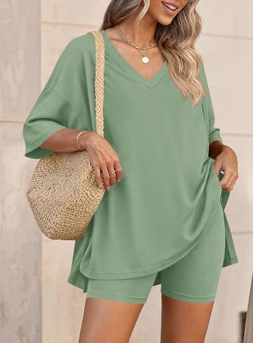 PRETTYGARDEN Womens 2 Piece Outfit Lounge Short Sets - color: Bean Green, size: X-Large