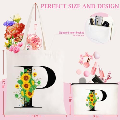 Andeiltech Initial Canvas Tote Bag Sunflower Letter Personalized Makeup Bag Monogrammed Gift for Bridesmaids Birthday Wedding - color: Sunflower Letter_p