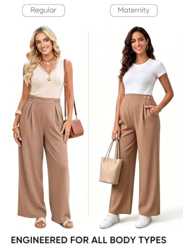 BLENCOT Maternity Pants Work Waffle Knit Wide Leg Pregnancy Trousers - color: Brown, size: Medium