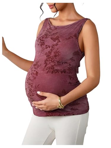 RoseSeek Women's Maternity Tank Tops Botanical Print Tie Back Tops Crew Neck Elegant Slim Fit Top - size: Small