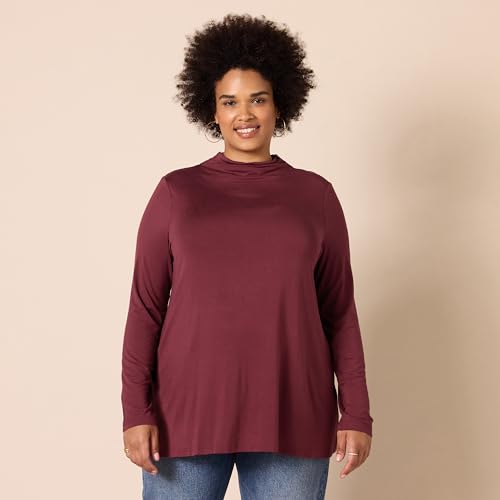 Amazon Essentials Women's Jersey Long-Sleeve Mock Neck Swing Tunic Top, Relaxed Fit Pullover - color: Dark Burgundy, size: Small