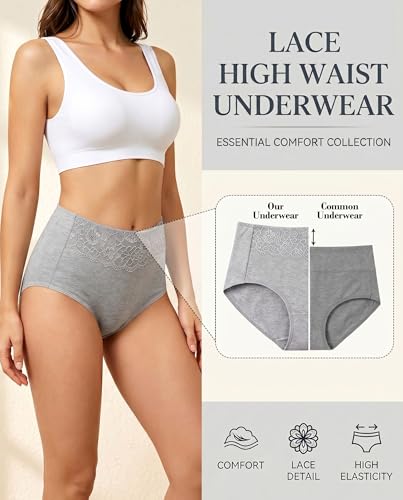 MISSWHO Women's High Waisted Cotton Underwear Soft Breathable Full Coverage Stretch Briefs Ladies Panties 5-Pack - color: Black*2, Nude, Grey, Navy, -5 Pack, size: Medium
