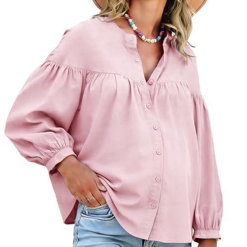 Womens Maternity Button Down Work Shirts Nursing Blouses Business Pleated Lantern Sleeve Pregnancy Office Tops - color: Pink, size: XX-Large