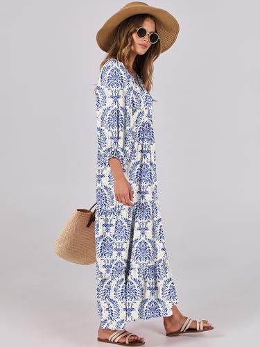 ANRABESS Womens Boho Floral 3/4 Puff Sleeve Maxi Dress - color: Blue Khaki, size: Small