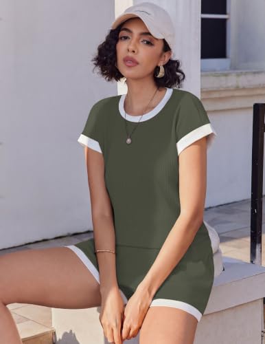 Ekouaer Two Piece Sets for Women Summer Striped Lounge Set Vacation Outfit - color: Olive Green, size: Small