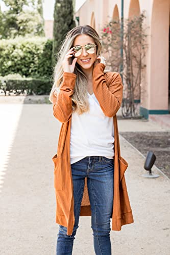 Tickled Teal Women's Long Sleeve Knit Open Front Sweater Cardigan with Pockets - color: Burnt Orange, size: Medium