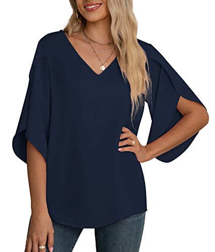 Jouica Women's 3/4 Ruffled Sleeve Blouses Summer Chiffon Casual Loose Tops - color: 01navy Blue, size: Small