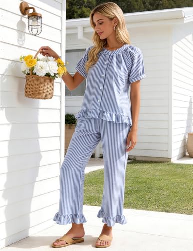 Flygo Womens Striped Pajama Sets Cotton 2 Piece Ruffle Lounge Pjs - color: Blue, size: Medium