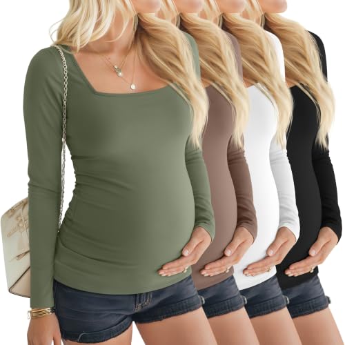 4 Pcs Womens Maternity Long Sleeve Square Neck Shirts - color: Army Green, Coffee, White, Black, size: X-Large