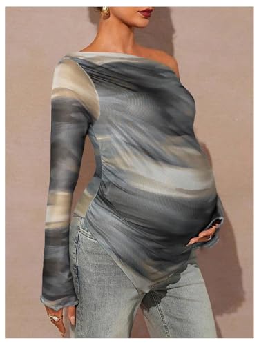 RoseSeek Women's Maternity Off The Shoulder Asymmetrical Tops Mesh Shirts - color: Grey, size: Small