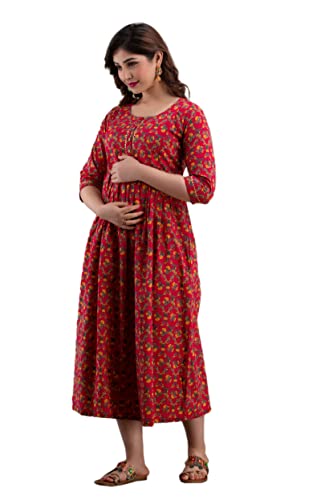 Women's Pink Cotton Pregnancy & Breastfeeding Maxi Dress - color: Red, size: Medium