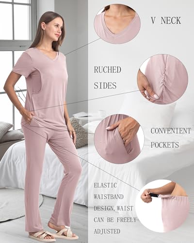 Rnxrbb 3 Piece Maternity Nursing Pajamas Set for Women Postpartum Pjs - color: Dusty Pink, size: X-Large