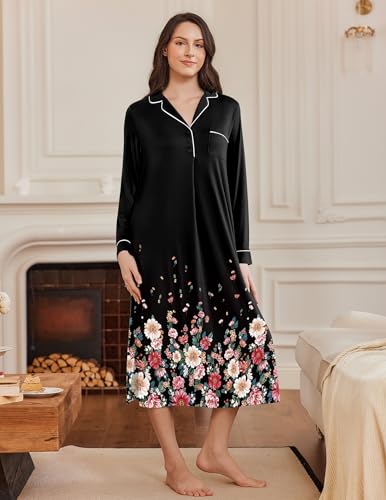 Ekouaer Long Sleeves Nightgowns for Women Button Down Night Gown - color: Black Flower, size: Small