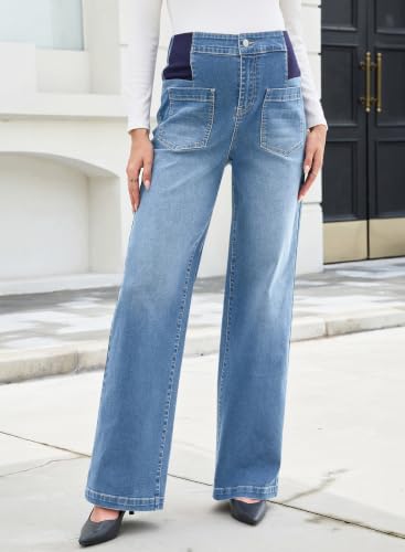 BLENCOT Maternity Jeans Wide Leg High Waist Denim Pants with Pockets - color: Dusk Blue, size: X-Large