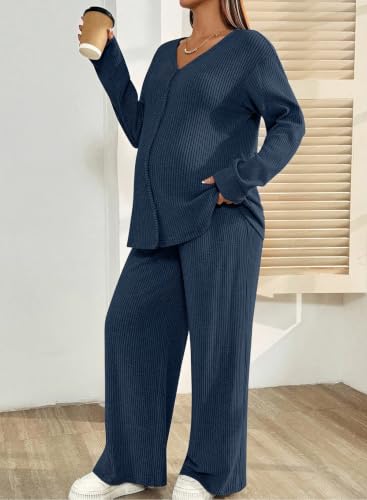 BLENCOT Maternity Lounge Set 2 Piece Long Sleeve Top and Pants with Pockets - color: Dark Blue, size: Large