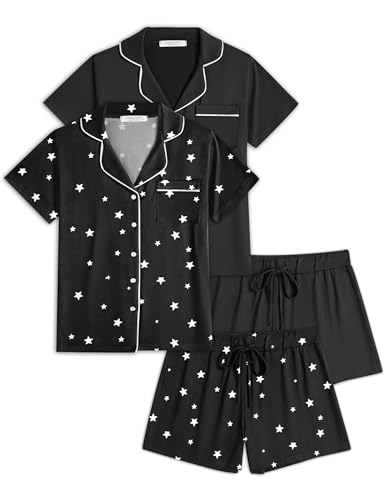 Ekouaer Womens Pajamas Set 2 Pack Button Down Summer Short Sleeve Pjs S-XXL - color: Black/Black Stars, size: X-Large
