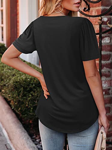 BETTE BOUTIK Womens Summer Tops Short Sleeve Pleated Square Neck Tunics Shirts Blouses S-3XL - color: 0-black, size: Medium