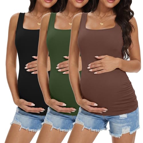 Ekouaer 3 Pack Maternity Tank Tops Square Neck Maternity Shirts - color: Brown/Black/Army Green, size: X-Large