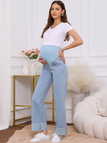 Women Maternity Jeans Straight Leg Cuffed Denim Work Pants - color: Light Blue, size: X-Large