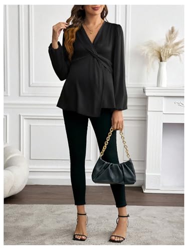 MakeMeChic Women's Maternity Shirts Blouse Satin Work Clothes Babydoll Tops - color: Black, size: Medium
