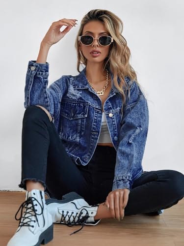 LifeShe Women's oversized Jean Jacket distressed denim Coat with Pockets - color: Deep Blue, size: X-Large