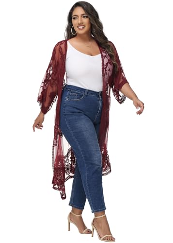 Anna-Kaci Women's Plus Size Lace Cardigan Embroidered Long Kimono Dusters with Half Sleeves - color: Burgundy, size: 3X-Large-4X-Large