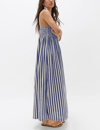 Lentta Women's Striped Smocked Maxi Dress Causal Spaghetti Strap Stretchy Flowy Swing Long Dress with Pockets - color: Kleinblue, size: Medium