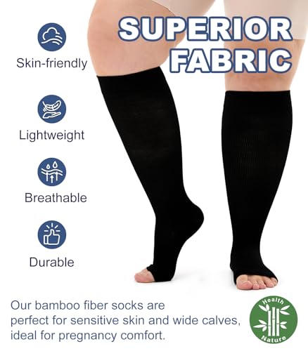 Breslatte Bamboo Viscose Wide Calf Compression Socks Open Toe for Women Men Plus Size Toeless 10-14 mmHg Circulation - color: 4p2 4white, size: 3X-Large-4X-Large Plus