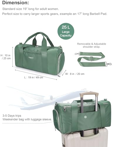 19" Green Personal Gym Bag for Women,with Shoe Compartment & Wet Pocket - color: Green, size: 19" Medium Size